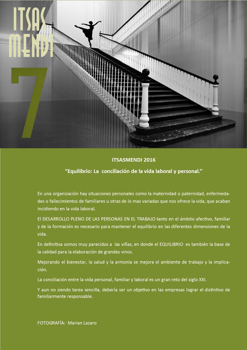 Ya esta en el mercado el #txakoli ITSASMENDI 7 2016
La fotografía de esta añada realizada por Mariam Lazaro, se titula El ·equilibrio: la conciliación entre la vida personal y laboral.