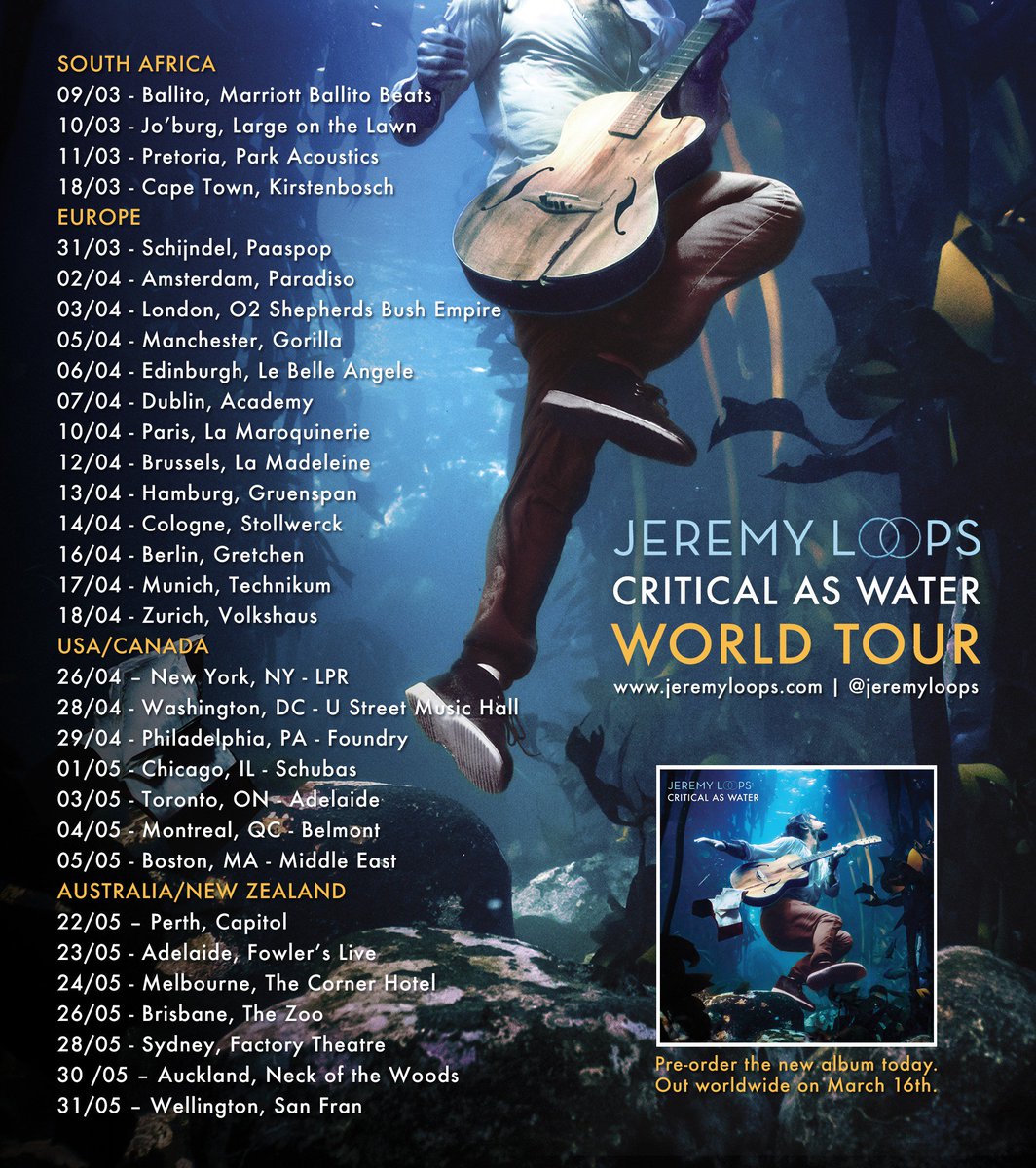 Announcing the Critical As Water World Tour! 🔥
General tickets go on sale Friday, 2 February at 9am your local time!
Tickets will be available from jeremyloops.com/tour
RT and tell all the homies!