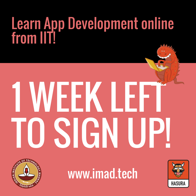 More than 200,000 students have taken the IMAD course. Don't miss out on this free, app-development course by Hasura and IIT Madras. Register today at imad.tech!