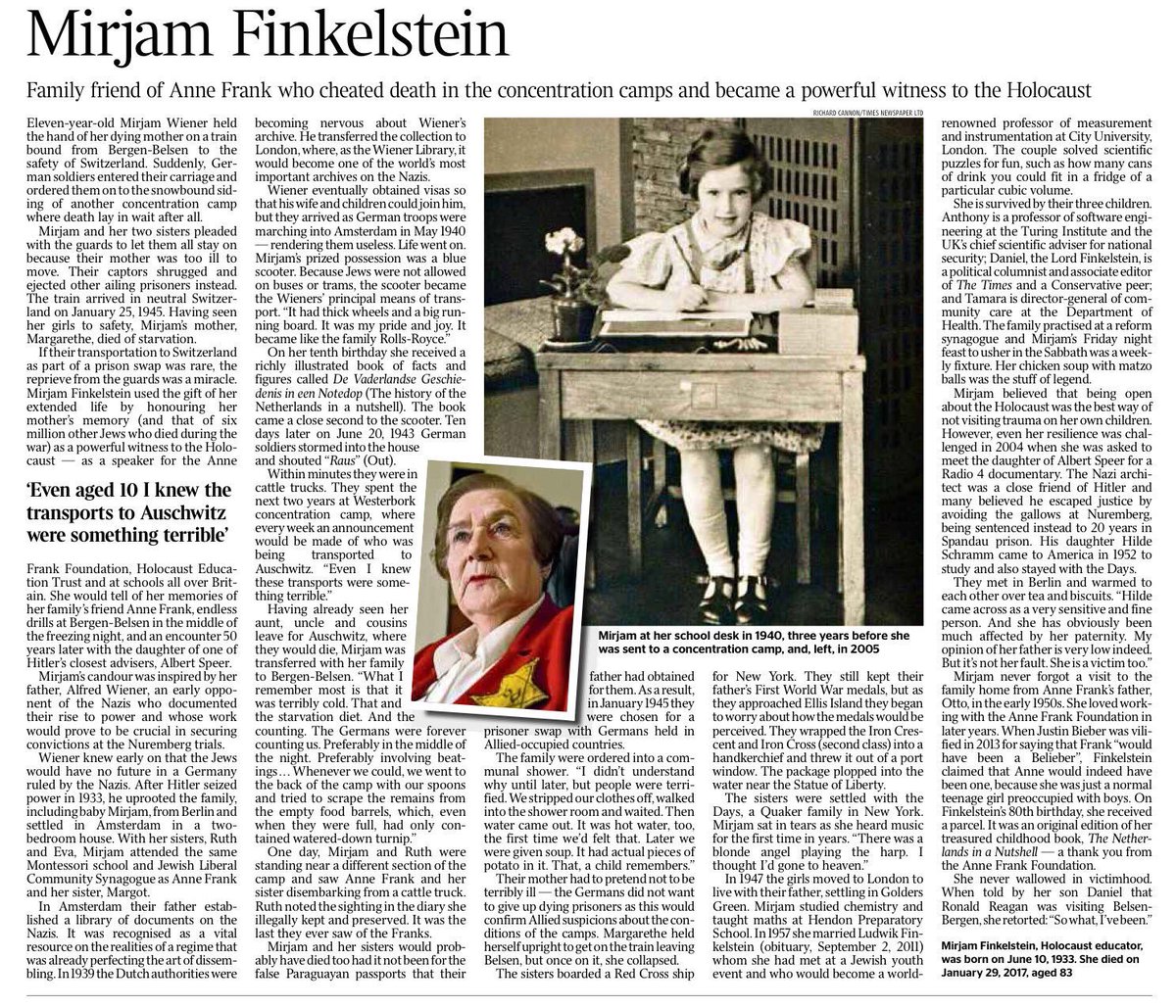 Dannythefink's tweet photo. A year ago today, my Mum died, just after Holocaust Memorial Day and almost exactly on the anniversary of her freedom from Belsen and thus her own mother’s death. Here is her obituary in The Times. https://t.co/tL7nSiLfD9