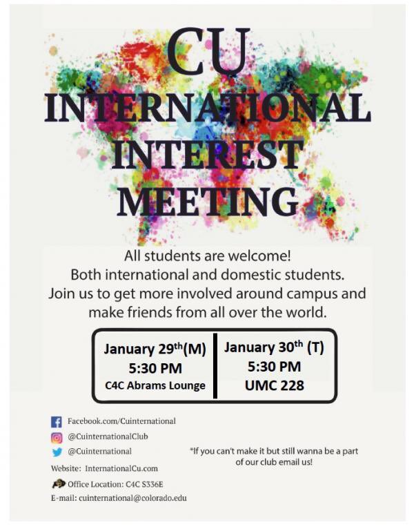 cuinternational's tweet image. Please join CU International &amp;amp; IFest Committee’s interest meeting!

Monday, January 29th, 2018 5:30PM - 6:30PM (C4C Abram's Lounge) or Tuesday, January 30th, 2018 5:30PM - 6:30 PM (UMC 228)