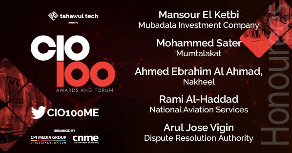 tahawultech's tweet photo. Congratulations to @Mubadala, @Mumtalakat_BH, @nakheelnews, National Aviation Services, Dispute Resolution Authority! #CIO100ME https://t.co/I0LjxHoz13