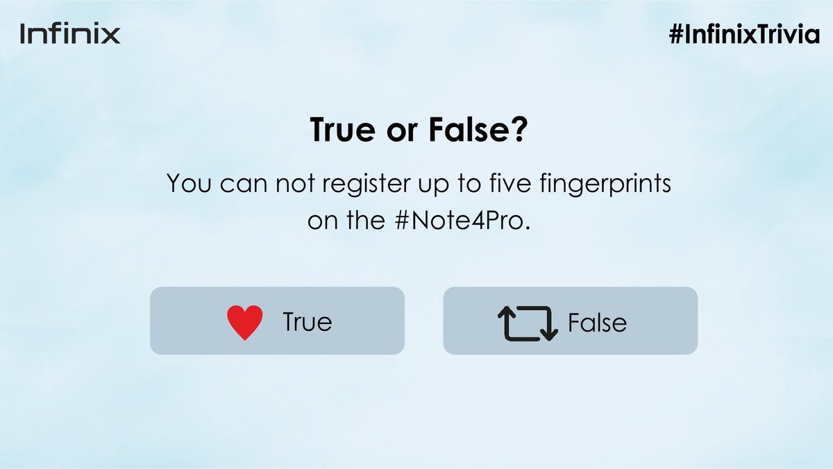 InfinixNigeria's tweet photo. True or False?
You can not register up to five fingerprints on the #Note4Pro. https://t.co/NcGEfWJkuE
