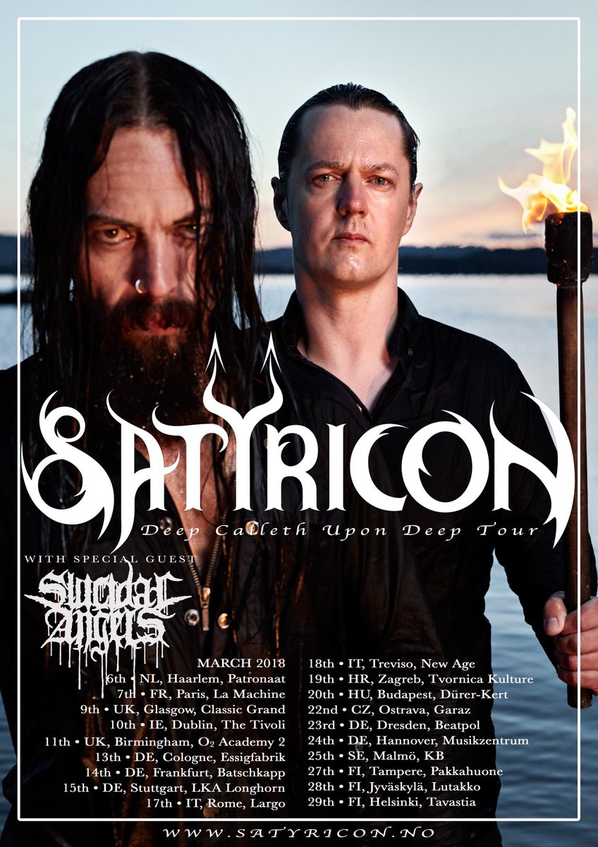 We are pleased to announce that <a href="/suicidalangels/">Suicidal Angels</a> will be our support on the Deep calleth upon Deep Europe Tour pt II, with the exception of Dublin, where support will come from <a href="/TheCrawlingBand/">The Crawling</a>. Tickets are on sale now #satyricon #deepcallethupondeep #tour #satyr #frost