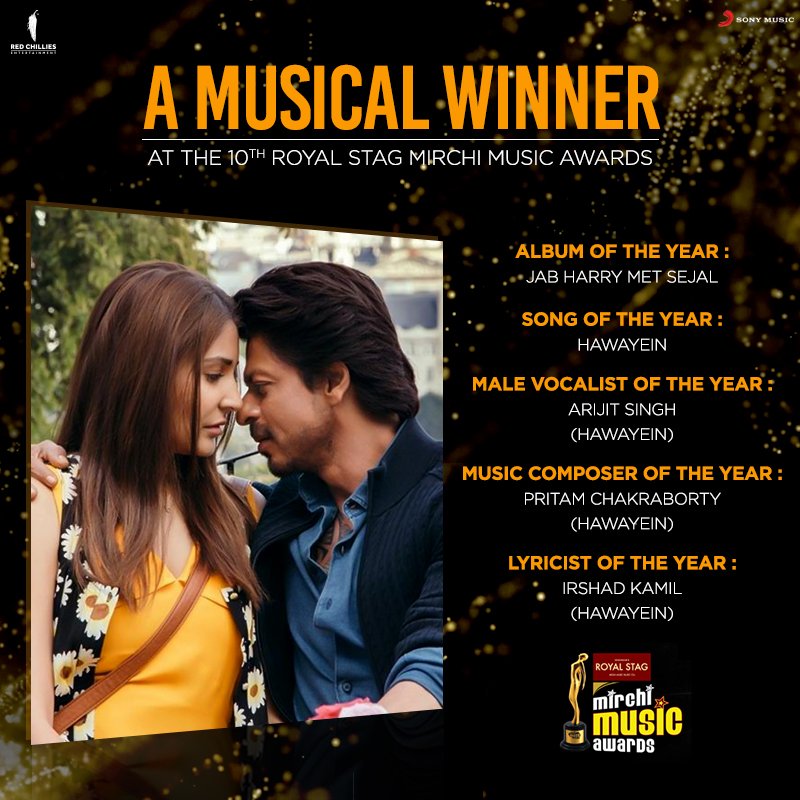 Jab 'Hawayein' Met Awards! 
Jab Harry Met Sejal is the winner of the night at the 10th Royal Stag Mirchi Music Awards. 
<a href="/iamsrk/">Shah Rukh Khan</a> <a href="/AnushkaSharma/">Anushka Sharma</a> #ImtiazAli <a href="/ipritamofficial/">Pritam</a> <a href="/raiisonai/">ARIJIT SINGH</a> <a href="/Irshad_Kamil/">Irshad Kamil</a> <a href="/sonymusicindia/">Sony Music India</a> @RadioMirchi #RSMMA