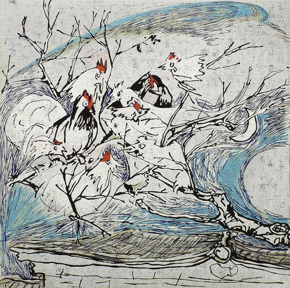 KatrineArtSpeak's tweet photo. Chen Li (b.1971), “Chickens Singing in a Village Tree”, reduction woodblock print. Subtle and inventive, the work has the qualities of a traditional ink painting and the texture of an oil painting. Part of solo show of Chen Li’s prints @ConingsbyG, London, 19-24 Feb. #art #prints https://t.co/k9sKS8Q5wj