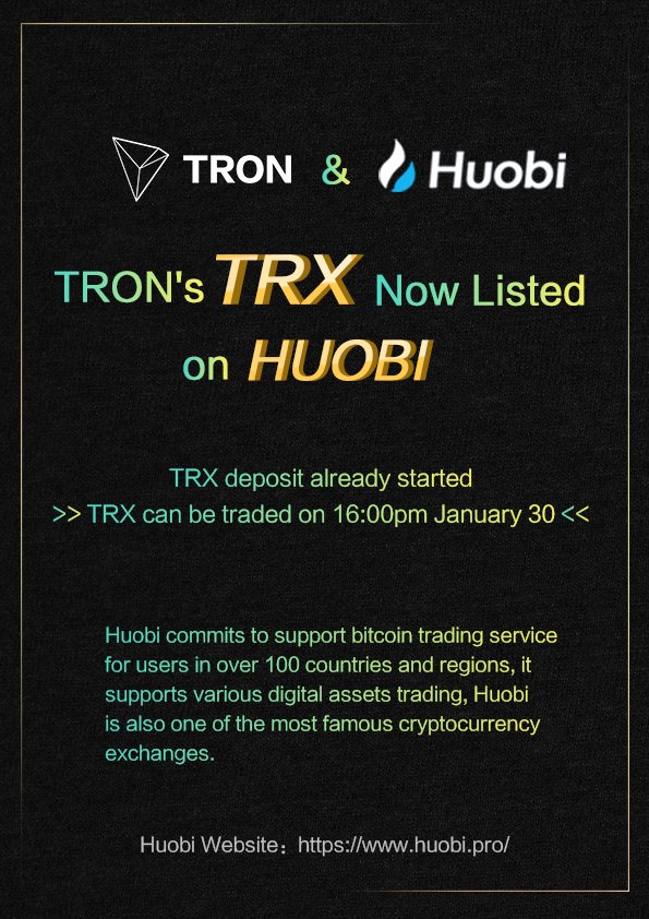 justinsuntron's tweet photo. #TRON #TRX $TRX is listed in https://t.co/EW9BQuKLYP now! https://t.co/OrzBriVmQz @Huobi_Pro is one of the world’s leading blockchain asset trading platform and ranked #6 on @CoinMarketCap with 1 billion daily trading volume. #BTC #ETH https://t.co/b69HycgJT9