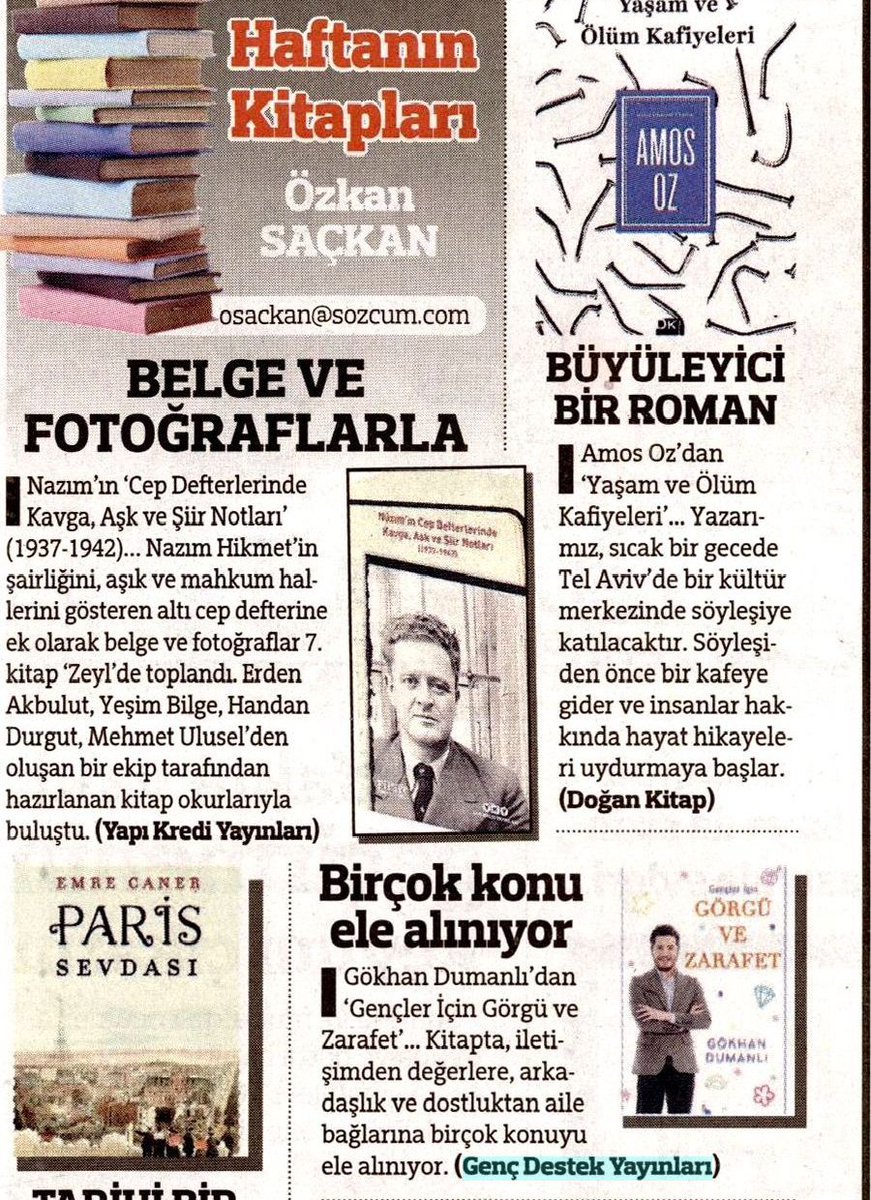 Özkan Saçkan Sözcü Pazar'daki yazısında Gökhan Dumanlı'nın GENÇLER İÇİN GÖRGÜ VE ZARAFET kitabını önerdi, teşekkürlerimizle... <a href="/gokhandumanli/">Gökhan Dumanlı</a> #DestekMedyaGrubu