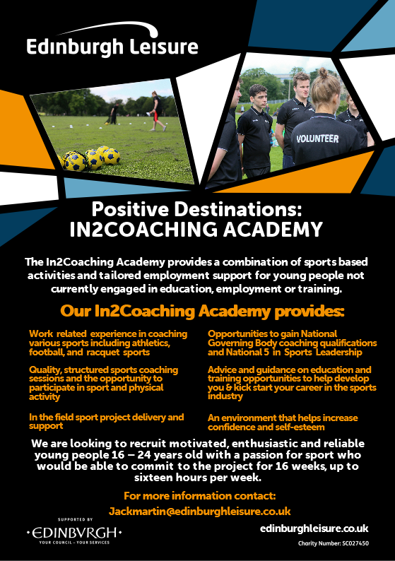 Craigmillar_CSH's tweet photo. Not in employment or education? @Ed_Leisure's In2coaching Academy are looking to recruit motivated &amp; enthusiastic young people 16 – 24 y/o with a passion for sport who would be able to commit to the project for 16 weeks, up to sixteen hours per week. Applications close this wk! https://t.co/1qSAHU3vST