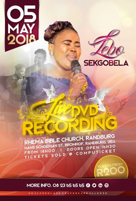 SATGAs_'s tweet photo. Get ready for yet another glorious treat from @SekgobelaLebo as she brings you her Live DVD Recording.

Tickets start from R200
Get more details on the poster https://t.co/M8zceJ04z0