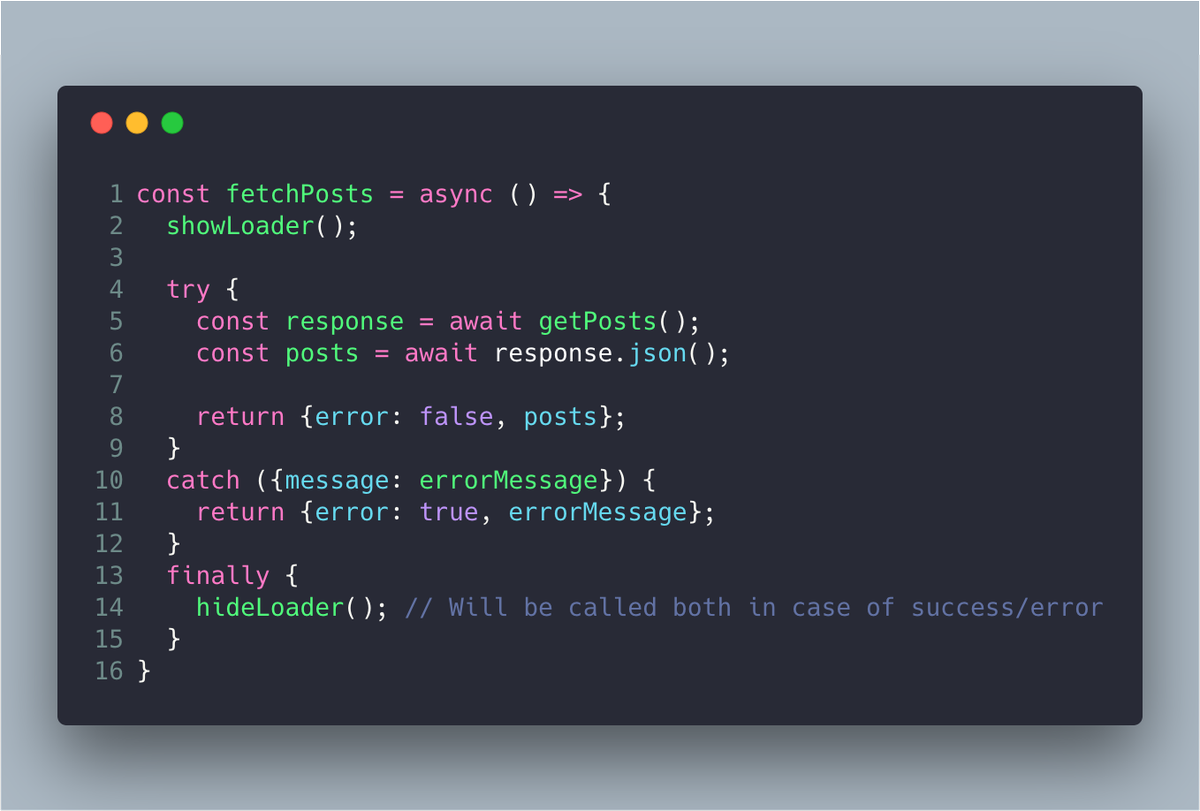 Ganapativs's tweet photo. Use try, catch, finally with async/await to make your code look clean &amp; sexy 😍

#javascript #nodejs #es6 #es7 #snippet #js #errorhandling #trycatchfinally #trycatch #cleancode https://t.co/E1LD2epFIf