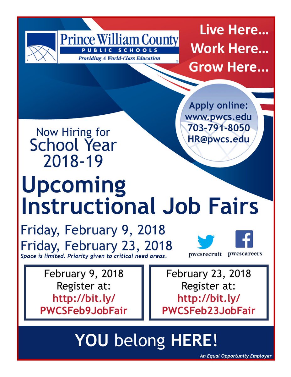 PWCSRecruit's tweet photo. February Instructional Job Fair Registration Open! Visit https://t.co/4iVKQhx2er or https://t.co/EIcVTNqqSe for details and to register! #PWCSProud #teachingjobs #teachVirginia #ece #eled #seced #middleed #teachsped #teachmath #STEMed https://t.co/Gjs7636ie7