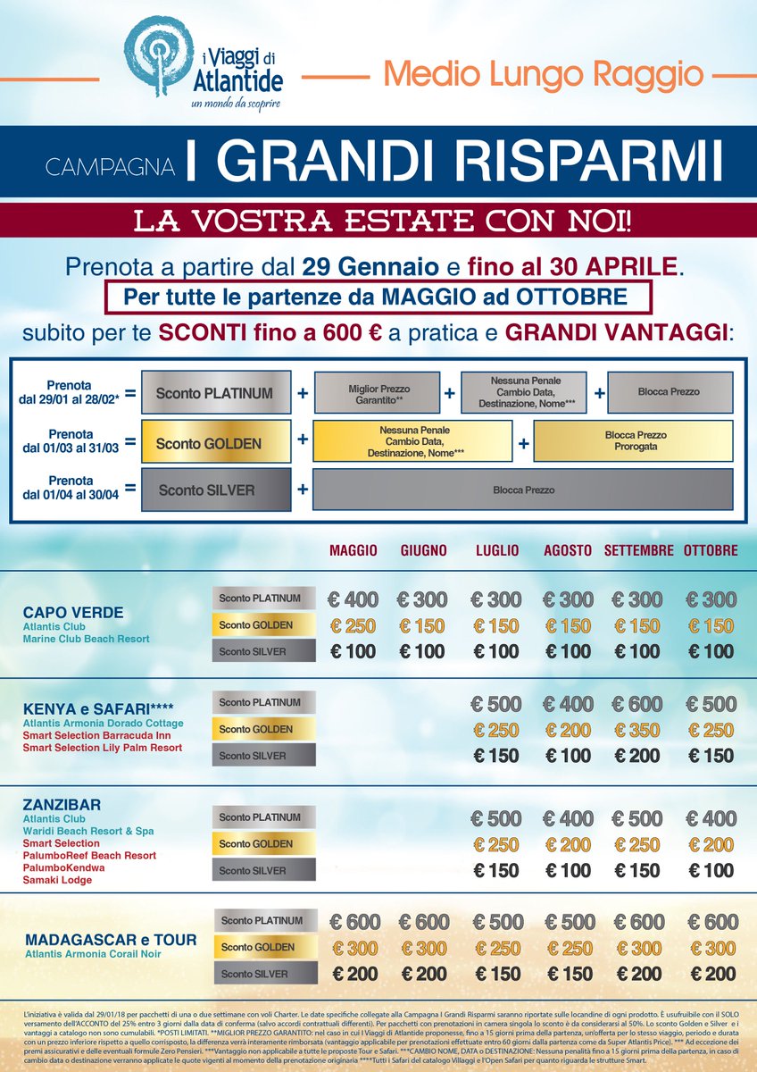 ViaggiAtlantide's tweet photo. "La Vostra #Estate con Noi" inizia oggi!! Per prenotazioni entro il 30 Aprile con partenza tra l'1 Maggio e il 30 Ottobre fino ad €400 di #sconto a pratica per le destinazioni a Corto - Medio Raggio e fino ad €600 di sconto a pratica per le destinazioni a Medio - Lungo Raggio!! https://t.co/70tr5A8lLq