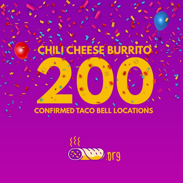 ChiliCheese_'s tweet photo. On Friday, January 26th, 2018 we confirmed our 200th @TacoBell location serving the #ChiliCheeseBurrito! Here's to finding 5,990 more! https://t.co/8oSkNBzDhu