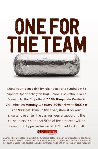 ua_cheerleading's tweet photo. Be sure to come out to Chipotle at Kingsdale from 5-9 tonight to support Upper Arlington cheerleading! Please show this flyer when checking out🐻💛🖤 https://t.co/M7pbJhIcDh