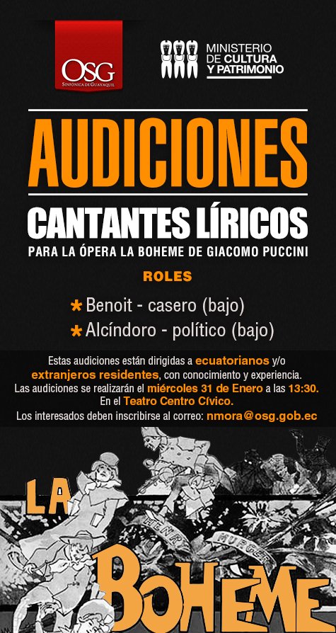 SinfonicaDeGye's tweet photo. AUDICIONES, para la ópera LA BOHEME de Giacomo Puccini. 
Roles: Benoit - casero (Bajo). Alcíndoro - político (Bajo).
Las respuestas serán vía correo electrónico #AudicionesOSG https://t.co/IFwXNOf0yf