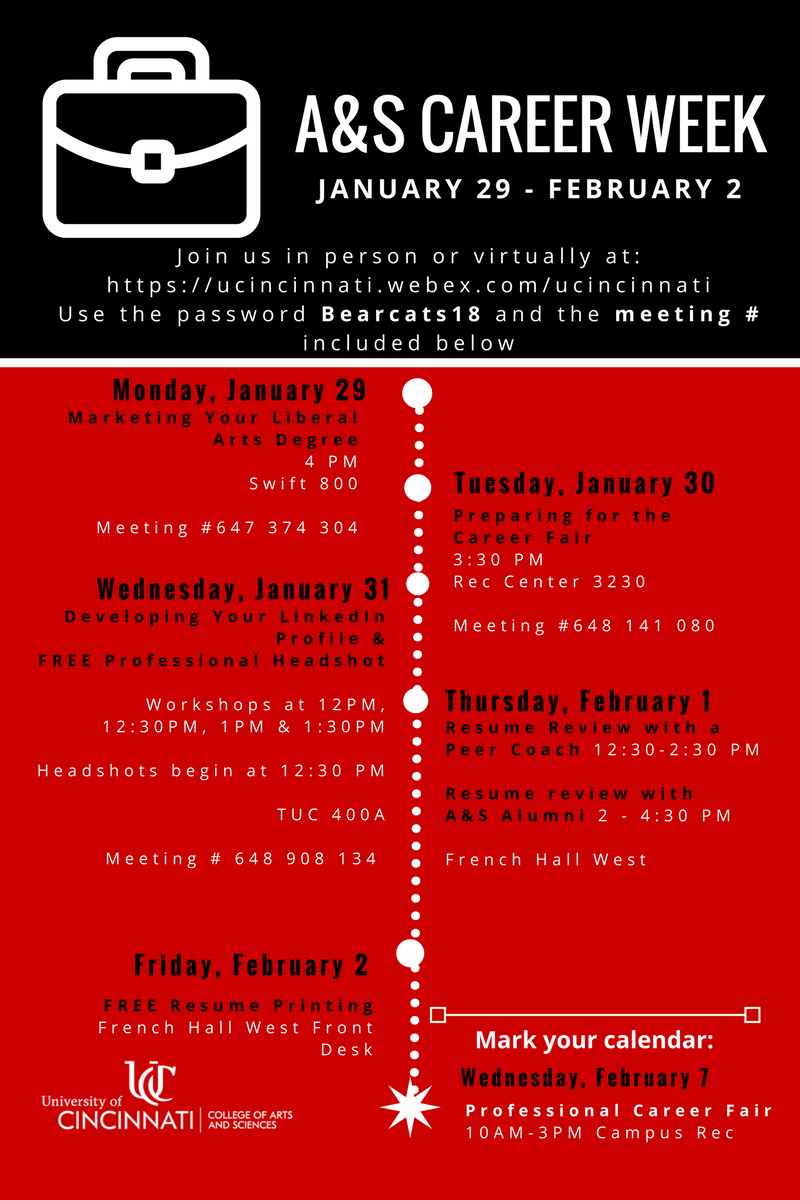UC_ArtSci's tweet photo. A&S Career Week starts today! Be sure to check out the first session - Marketing Your Liberal Arts Degree - at 4:00 in Swift 800 or virtually, using the meeting information provided. #artscicareerweek #ucsmart https://t.co/XIkjGqkoSH