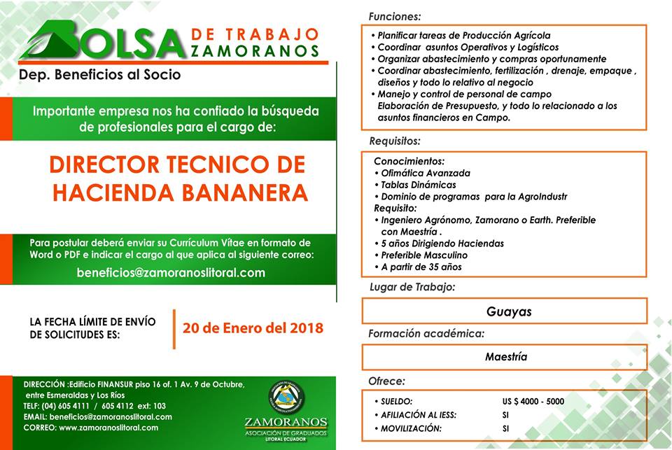 ZamoranosEC's tweet photo. BOLSA DE TRABAJO ZAMORANO 2018
ENVIAR CV:
beneficios@zamoranoslitoral.com
Se requiere contratar.: 
* Asesor técnico hacienda bananera.
* Asesor técnico. https://t.co/HAq61Qy6n4