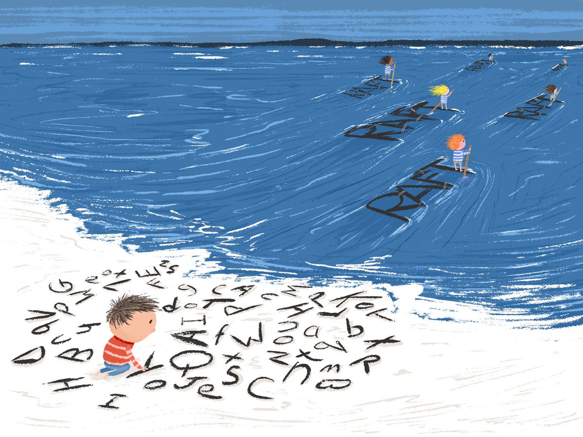 I tried to capture the struggle a child feels when they suffer from dyslexia,  when it seems like everyone else can assemble the letters with ease.  #illustration #kidlitart #dyslexia, image size:1200x900