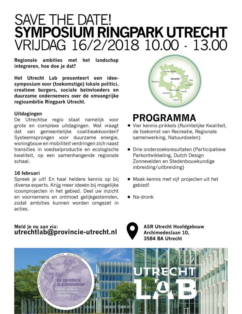 UtrechtLab's tweet photo. Na de Greenbelt London, de Frankfurter Grungurtel en Erbil, werkt ook de regio Utrecht aan een Ringpark. Meer weten? Meld je aan voor het symposium op 16 februari 2018! #UtrechtLab #savethedate #praatdenkdoemee #flyer https://t.co/2eG0G89D0W