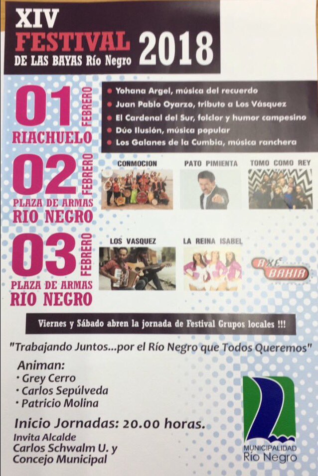 #FestivaldeLasBayas #RioNegro 2018 del 01 al 03 de Febrero. Grandes Invitados!!!
Completamente Gratuito.
Ven y disfruta en Familia #ViveRioNegroChile <a href="/Sernatur/">Sernatur</a> <a href="/SernaturLagos/">Sernatur Los Lagos</a> <a href="/TVN/">TVN</a> <a href="/Mega/">Mega</a> <a href="/CHVNoticiascl/">CHV Noticias</a> #Osorno <a href="/austral_osorno/">diarioaustralosorno</a> <a href="/lacuarta/">La Cuarta</a> <a href="/Osornopanoramas/">Osorno Panoramas</a>