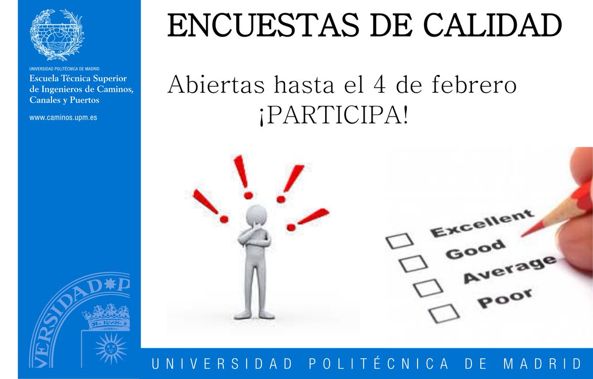 caminosupm's tweet photo. Alumno de #GradoICT #MasterICCP , #EnCaminos necesitamos conocer tú opinión y comentarios acerca de la calidad docente del pasado semestre (septiembre-enero). 
Participa rellenando tu encuesta. Desde este enlace puedes acceder a la de tu semestre:
https://t.co/1OtNw4CiQn https://t.co/UB4mgCRG59