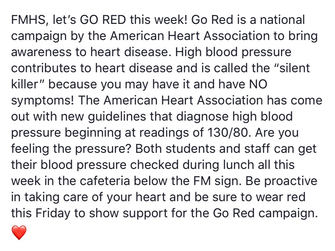 FMHS9's tweet photo. FM9/FMHS supports the American Heart Association #GoRed2018 https://t.co/t3MTTsBv4F