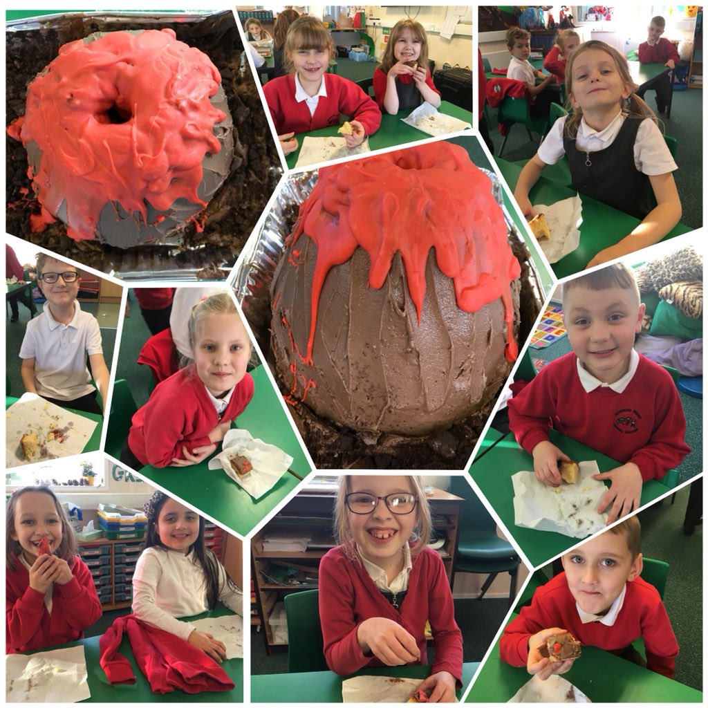 missrefoster's tweet photo. We’ve just enjoyed a delicious piece of Angel’s homework! A volcano cake with chocolate lava and Oreo rocks! 🌋 
@BoothferryPS https://t.co/6aDrAfqKvk