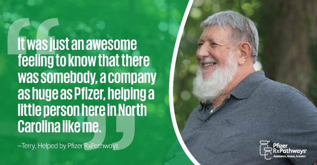 pfizer's tweet photo. When Terry needed help with his medication, he didnโt know where to start. Learn how #PfizerRxPathways gave Terry a path to medicine assistance. https://t.co/QAYZRihNZW https://t.co/WeX7ATfS5m