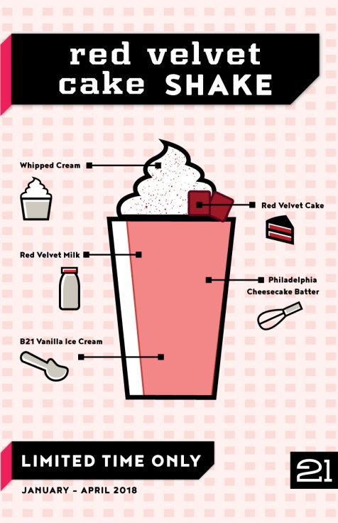 Introducing the limited-time Red Velvet Cake Shake!

Check out a full description at burger21.com/menu