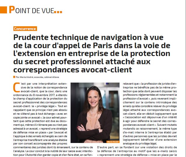 altanalaw's tweet photo. La #CAParis a étendu le champ d’application de la protection du #SecretProfessionnel des correspondances avocat-client. @MarieHindre commente l’ordonnance du 8 nov 2017 dans un article paru ce jour dans la Lettre des @JuristesAffaire https://t.co/XpU1UWUdyn https://t.co/raBqVRQ2oJ