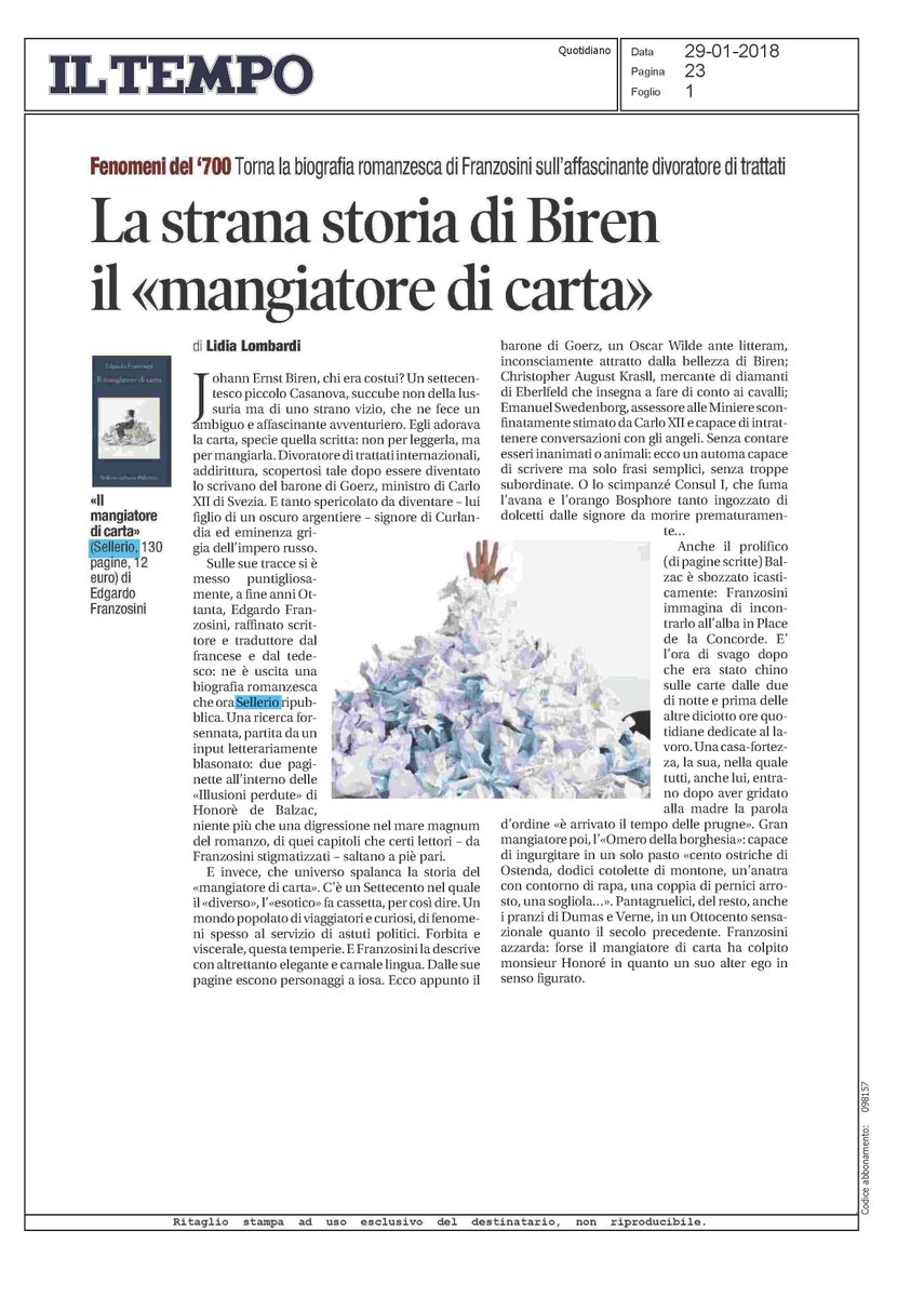 sellerioeditore's tweet photo. Edgardo #Franzosini #Ilmangiatoredicarta, su Il Tempo bella recensione di Lidia Lombardi. @tempoweb https://t.co/VO9sqZWsI3