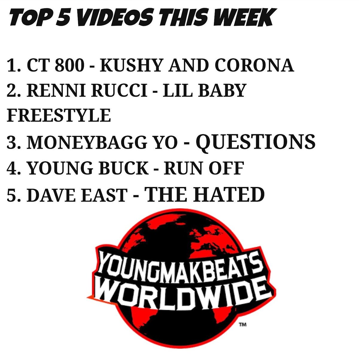 YMBWW's tweet photo. Top 5 Videos this Week #YMBWW 
#Top5Videos  #CT800 #KushyandCorona #RenniRucci #lilbabyfreestyle #WewantRenni #MoneybaggYo #Questions #YoungBuck #RunOff  #DaveEast #TheHated #Nas #DmvRap #AtlRap  #NYRap #losangelesrap #londonhiphop  #hiphopafrica #canadahiphop #hiphopcharts https://t.co/lUsczADbru