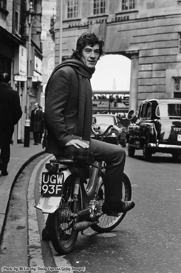 Ian McKellen on a moped in London, 1970.
