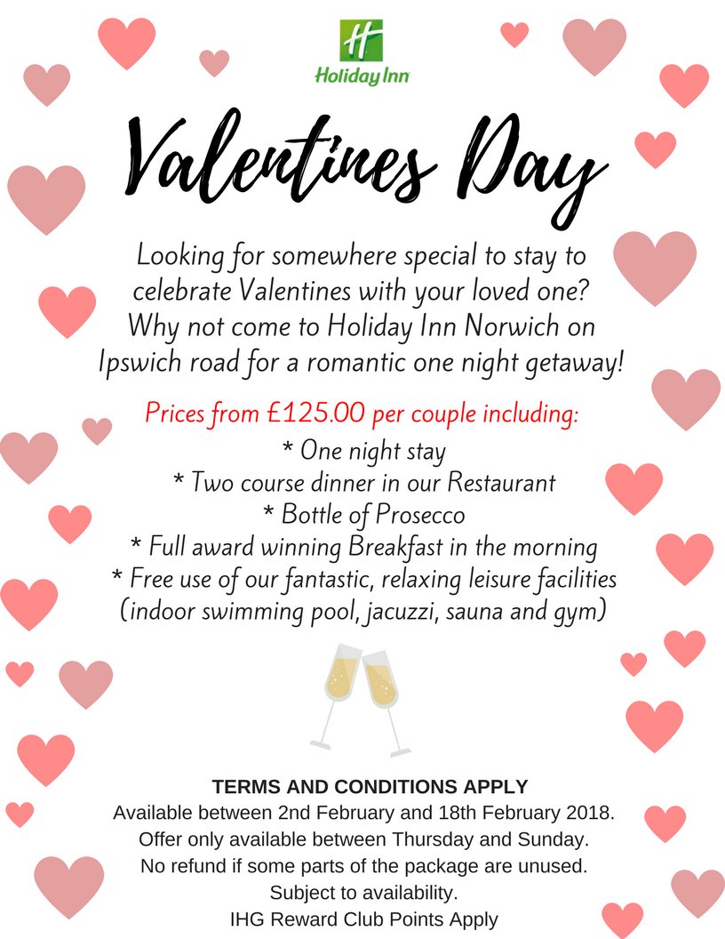 Celebrating Valentines ? Why not book with us to stay between 3 - 18 Feb... Call us on 01603 730300 to book #ValentinesDay2018 #Romance #Norwich  #Norfolk 🍾🍸💘💘