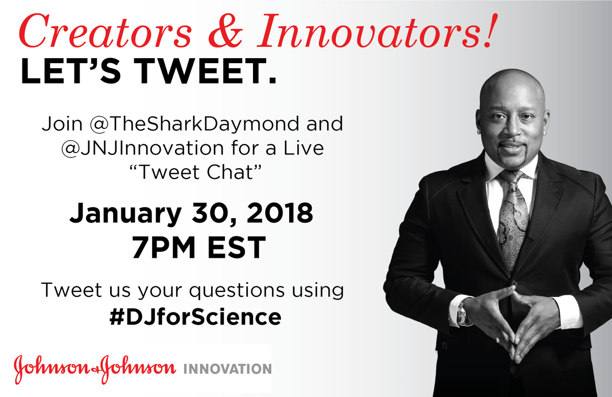 JNJInnovation's tweet photo. Join @TheSharkDaymond @SeemaJJIC @melindarichter for a tweet chat on 1/30 @ 7pm EST to talk all things science, innovation and entrepreneurship for the @JLABS #ChampionsofScience Lab Coat of the Future #QuickFireChallenge #DJForScience #SharkTank #JLABS https://t.co/fHQOVqk2P3