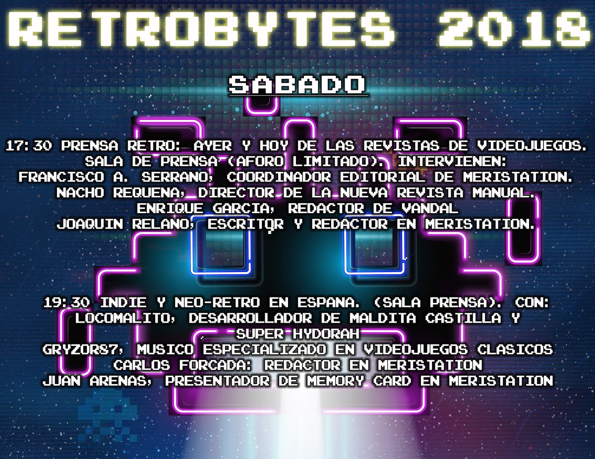 RetroCordoba's tweet photo. Seguimos contando  #retrobytes2018, la tarde del sábado tenemos los dos platos fuertes del evento. La presentación de la  @revistamanual en una conferencia sobre publicaciones retro y a continuación los videojuegos Neo Retro, con @Locomalito y @Gryzor87 , aforo limitado. https://t.co/TWfk1IcOKz