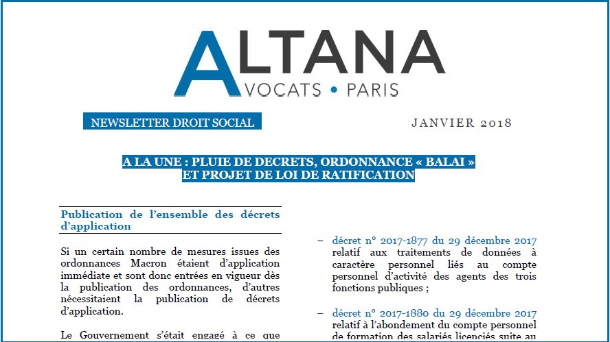 altanalaw's tweet photo. La newsletter Droit Social d'Altana, Janvier 2018 est disponible en ligne. A la Une : Pluie de décrets, ordonnance "Balai" et projet de loi de ratification.
https://t.co/brLkJfvQRt https://t.co/wbR8kQHBTS