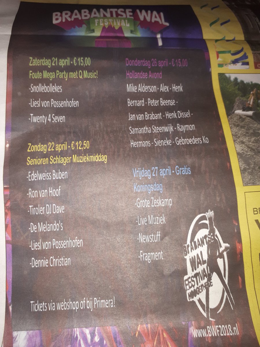Mooi feestje in aantocht,  <a href="/BrabantseWalFes/">BWF 2015</a> 2017 met op de Hollandse avond 26-4 <a href="/ZangerAlex/">ZangerAlex</a> <a href="/HenkBernard/">Henk Bernard</a> <a href="/peterbeense/">Peter Beense</a> <a href="/HenkDissel/">Henk Dissel</a> <a href="/Samantsteenwijk/">Samantha Steenwijk</a> <a href="/raymonhermans/">raymonhermans</a> <a href="/gebroedersko/">Gebroeders ko</a> e.a gezelligheid op de Brabantse wal &amp; dichtbij huis!! 🎶🎵👐🎤🎊🎉 binnenkort kaartjes halen 👨‍🎤👩‍🎤