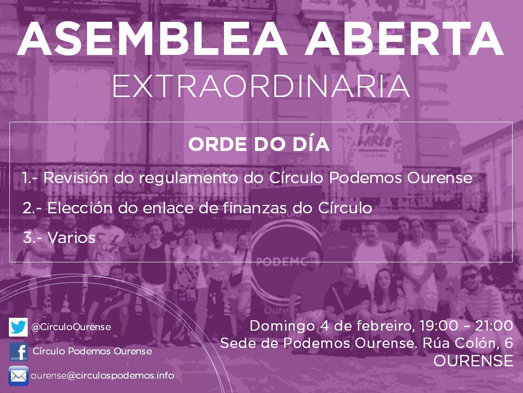 Podemos_Ourense's tweet photo. O vindeiro domingo, 4/2/18, celebraremos unha Asemblea Aberta Extraordinaria do Círculo de Podemos Ourense as 19h. Vémonos na sede de Podemos Ourense, na rúa Colón n°6. Non faltedes! https://t.co/wfVQMVNmkd
