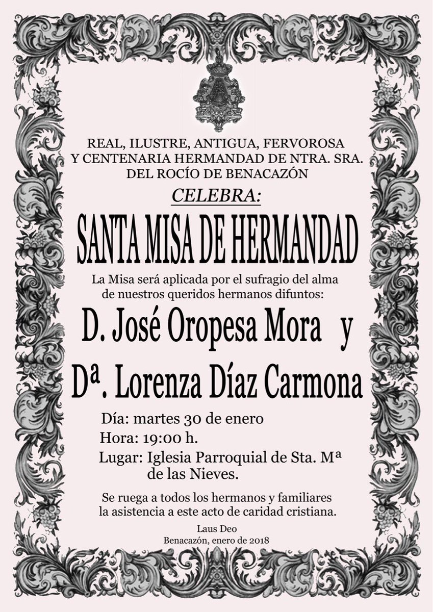 Santa Misa de Hermandad por el sufragio de nuestros difuntos. Martes 30 de enero a las 19:00h.