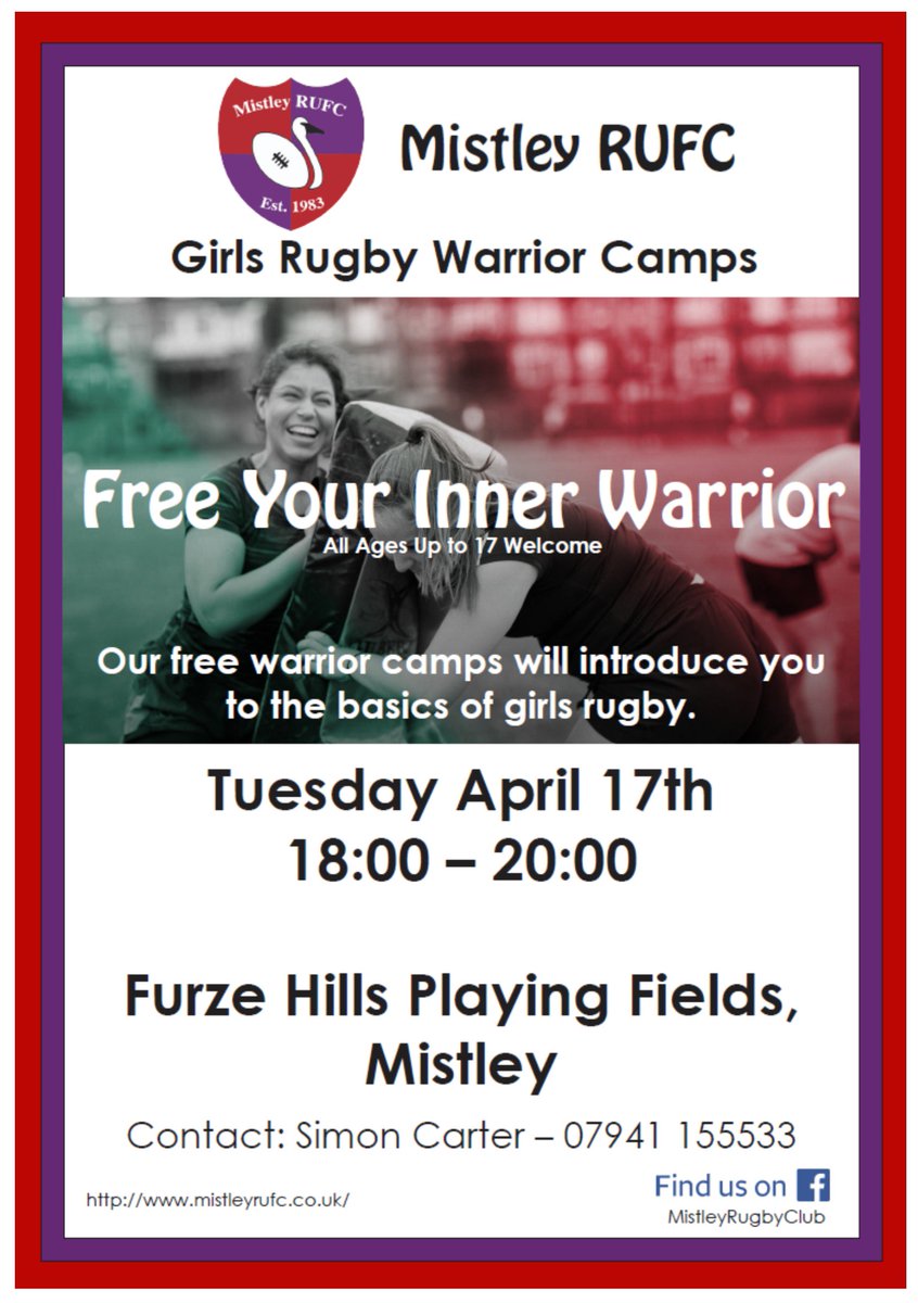🏉Girls #Rugby #Warrior Camps at #Mistley RUFC - "Free Your Inner Warrior" 🏉 Date: Tuesday 17th April 18.00 to 20.00hrs 🏉 See Poster Info for Contact details 🏉  #Mistley #Manningtree #Lawford #Tendring #Essex