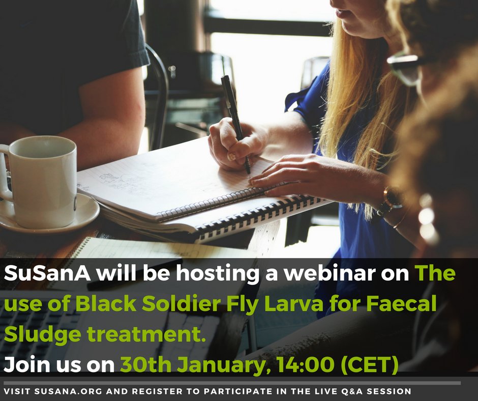 susana_org's tweet photo. In SuSanA's upcoming webinar, three projects with different approaches to process faecal sludge will be discussed: https://t.co/PzmUDOgFSv

1) A Black Soldier Fly Larvae Pilot
2) Commercial Production of Insect Based Feed
3) The Development of a Modular Processing unit https://t.co/Cbpb76H33X