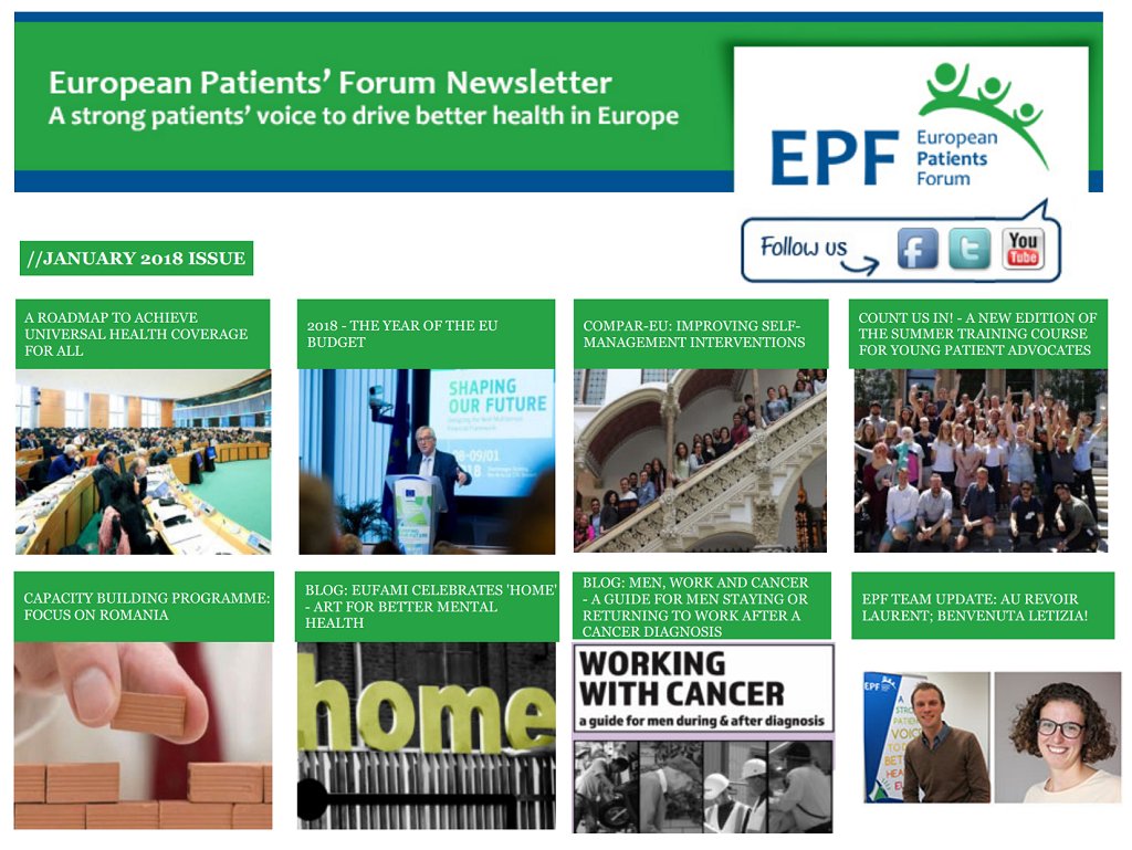 eupatientsforum's tweet photo. EPF’s first Newsletter of the year is out! 

Check the latest updates happening in the patient community! 

#Access2030, #MFF, #EU4Health, #COMPAREU, #CountUsIn, @EUFAMI, @EuropeanMHF &amp; more!

Here: https://t.co/WqCC5M5c4D https://t.co/YjK3ZkB9Sa