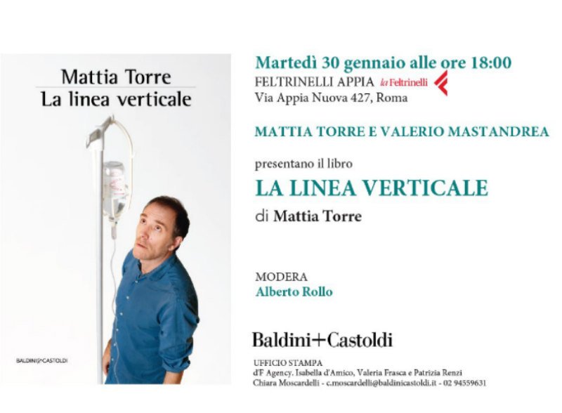 romanotizie's tweet image. Martedì 30 gennaio MATTIA TORRE e VALERIO MASTANDREA presentano LA LINEA VERTICALE dlvr.it/QD74NF
