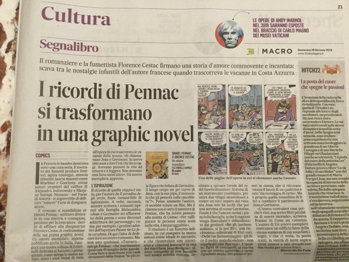 FranceenItalie's tweet photo. La BD "Un amour exemplaire" de Daniel #Pennac et Florence #Cestac est à l'honneur du journal Il #Messaggero . Il fumetto "un amore esemplare" di daniel Pennac e Florence Cestac sotto i riflettori di @ilmessaggeroit. #Bravi ! https://t.co/86Kw51LIiO