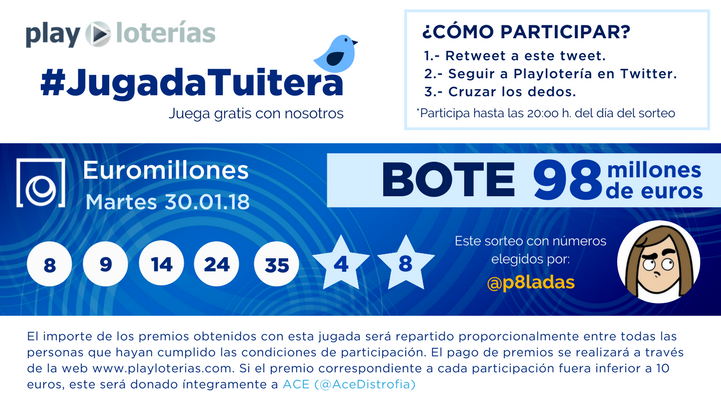 PlayLoteria's tweet photo. 🔔Todos en fila de a uno que hay #JugadaTuitera con números de @p8ladas para acabar de subir la cuesta de enero y repartirnos los 9⃣8⃣ millones de BOTE de #euromillones para el martes entre quienes hagan RT a este tuit y nos sigan💰

*Recuerda: ¡Jugamos con @AceDistrofia!♥️ https://t.co/3EUjY9Hy90