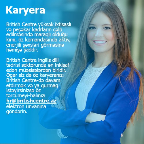 British Centre (@britishcentre01) on Twitter photo British Centre öz komandasında aktiv, enerjili şəxsləri görməyinə həmişə şaddır.
Koordinator vəzifəsinə işçilər axtarılır.
maraqlanan şəxslər öz CVlərini subject" bölməsinə "Koordinator" yazaraq hr@britishcentre.az email ünvanına göndərsinlər. #britishcentre #Baku #ingilisdili British Centre öz komandasında aktiv, enerjili şəxsləri görməyinə həmişə şaddır.
Koordinator vəzifəsinə işçilər axtarılır.
maraqlanan şəxslər öz CVlərini subject" bölməsinə "Koordinator" yazaraq hr@britishcentre.az email ünvanına göndərsinlər. #britishcentre #Baku #ingilisdili