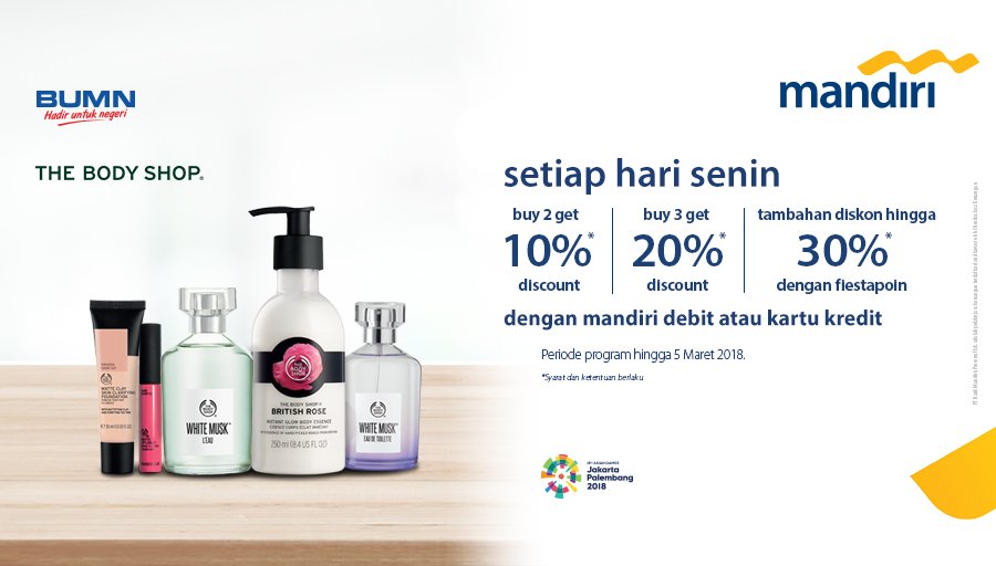 mandiricard's tweet photo. Happy Monday dengan aneka diskon dari produk @TheBodyShopIndo saat belanja pakai #mandiricard, #mandiridebit dan tukarkan #fiestapoin. #mandiripromo https://t.co/ObIvz5GkYy https://t.co/rMMqAHrjUF