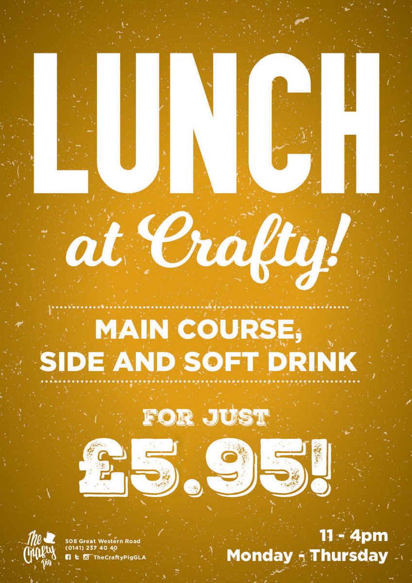Look no further than Crafty for your lunch today! 
To book, call 0141 237 4040 or visit crafty-pig.com/reservations.p…
#awayoflife #thecraftypig #thecraftypiggla #foodporn #glasgow #glasgowestend #glasgowsports #glasgowlife #glasgowfood #craftbeerbar #lunch #lunchbreak